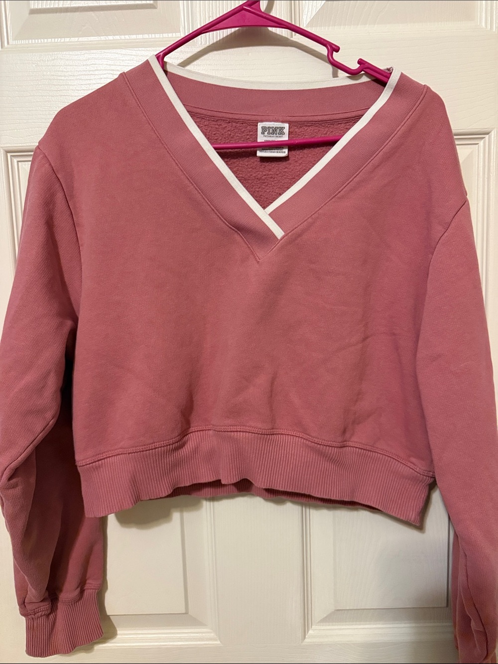 PINK Victoria's Secret Rose Pink V-Neck Cropped Sweatshirt with White Trim